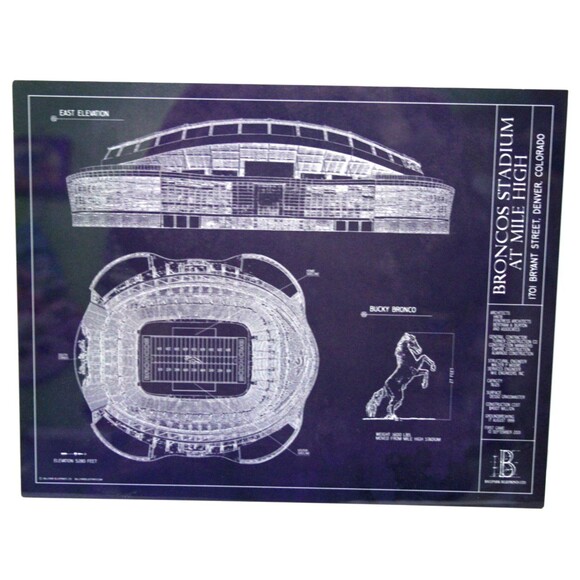 Ballpark Blueprints Denver Broncos Mile High Stadium Metal Print Wall Art 14x11